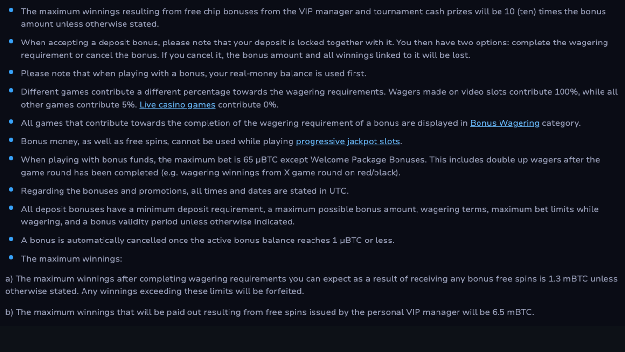Screenshot of 7BitCasino's bonus terms stating that maximum winnings from free chip bonuses from the VIP manager will be 10 times the bonus amount, that maximum winnings from any bonus free spins is 1.3 mBTC, and that maximum winnings from free spins issued by the personal VIP manager will be 6.5 mBTC