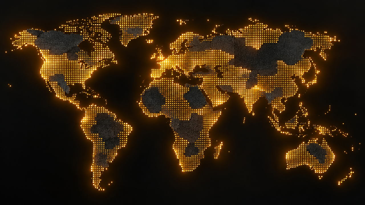 A stylised world map drawn as a grid of small glowing amber dots on a black background, with large irregular regions dimmed and blacked out while others stay lit, showing restriction applied in patches rather than by any single rule