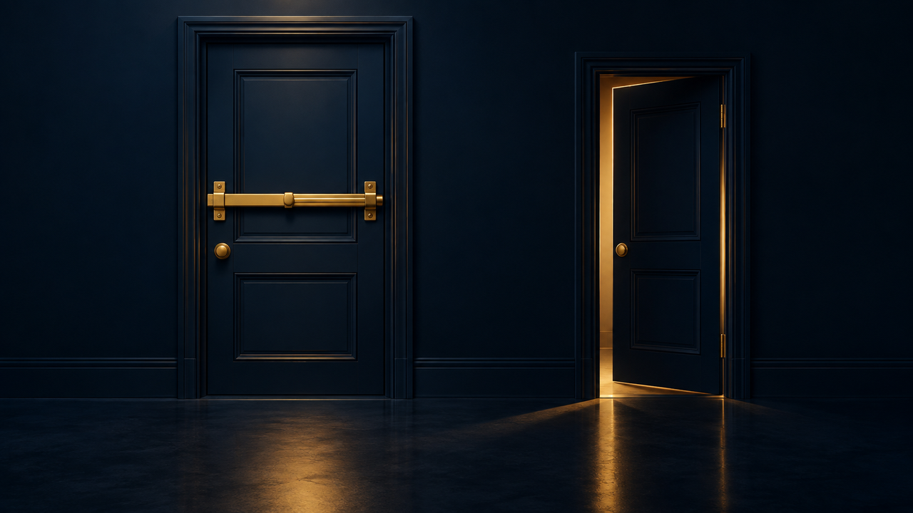 A heavy closed door with a single gold bolt drawn across it, and beside it in shadow a second identical door standing slightly ajar with warm light spilling out