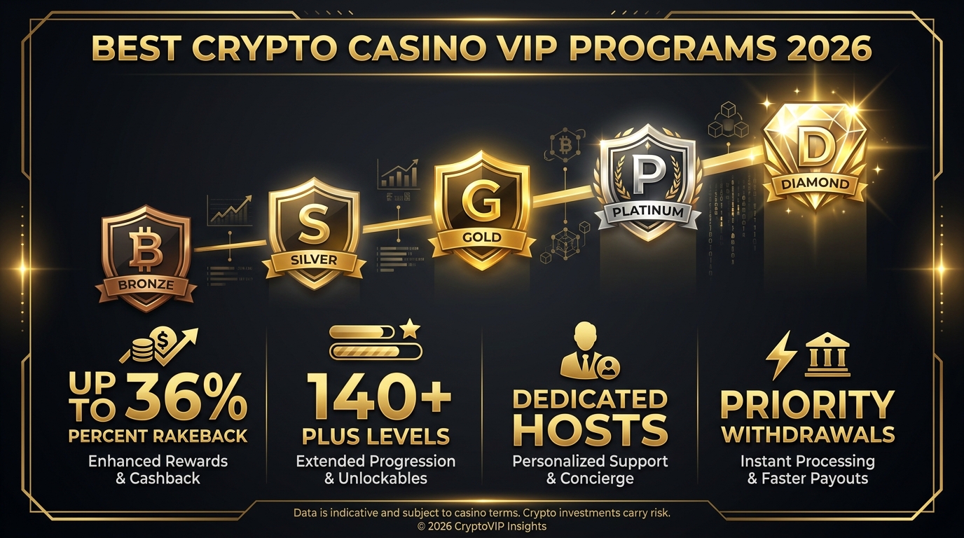 Best crypto casino VIP programs 2026 — 7 loyalty programs ranked by rakeback, cashback, and rewards