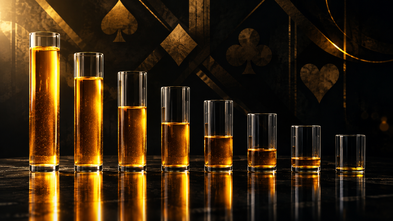 A row of seven tall glass columns on a dark reflective floor, each filled with glowing amber liquid to a different level, the leftmost nearly full and the rightmost almost empty, under faint gold card-suit motifs