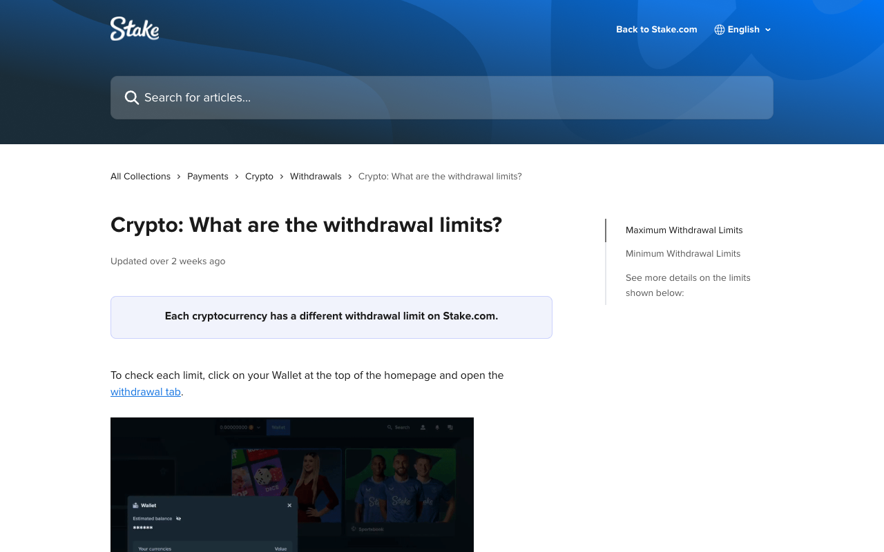 Stake's help centre article titled Crypto: What are the withdrawal limits, stating that each cryptocurrency has a different withdrawal limit