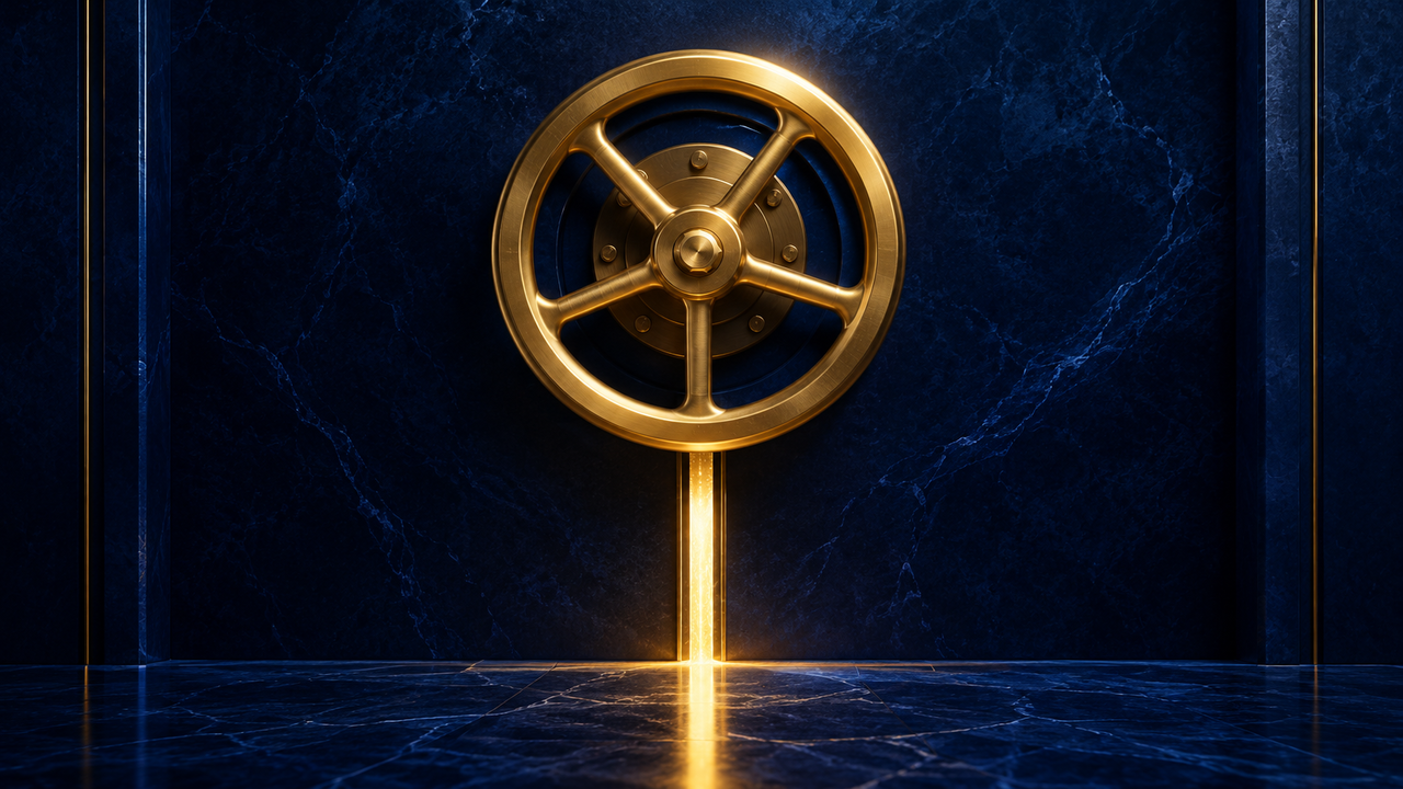 A heavy brushed-gold valve wheel set into a dark navy wall, with a narrow channel of luminous gold light metered through a slot beneath it, a restriction on an outflow