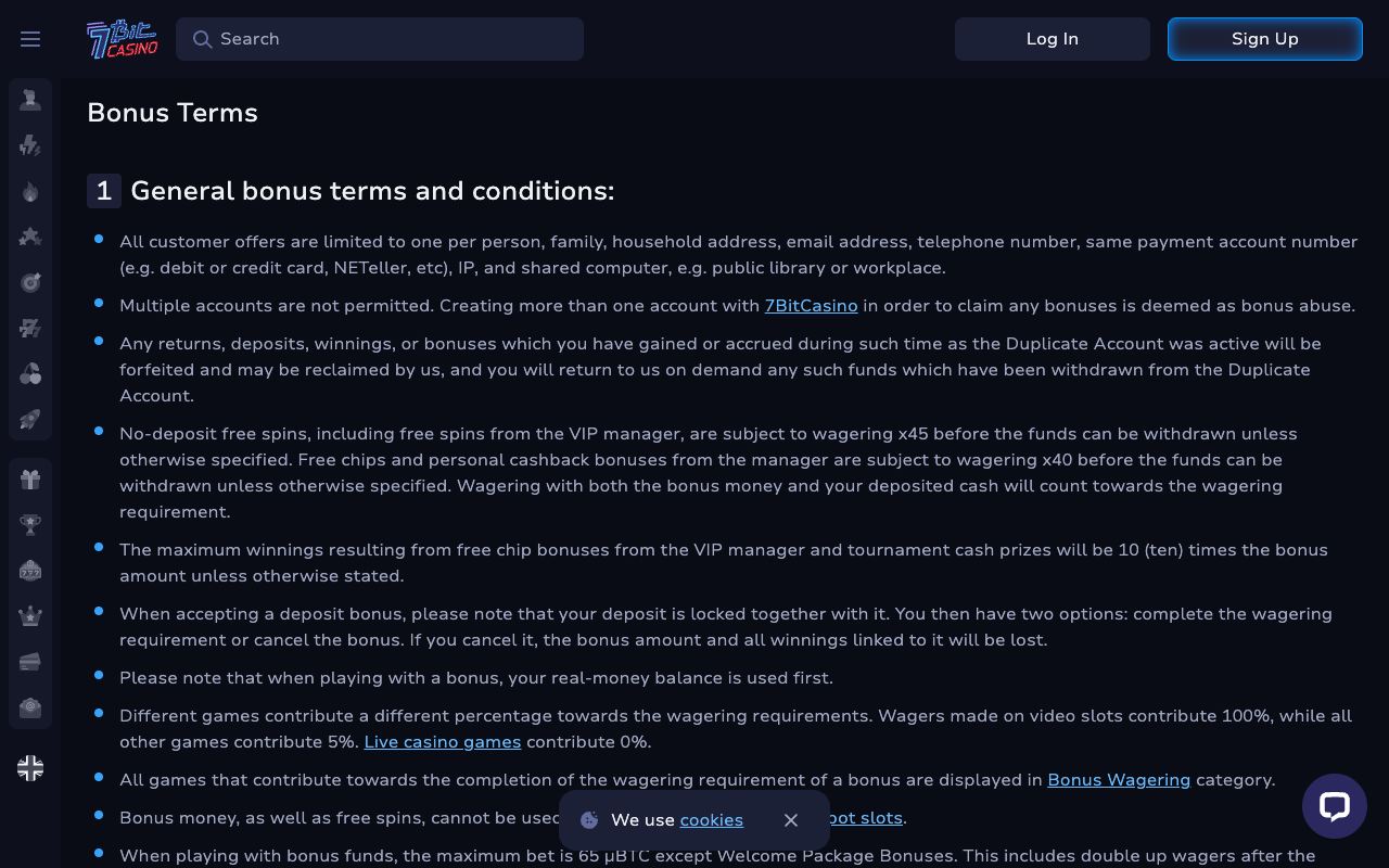 The 7BitCasino Bonus Terms and Conditions page, general bonus terms section 1, the source for the milli-bitcoin maximum-winnings figures quoted in this article