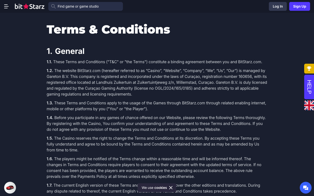 The BitStarz Terms and Conditions page, section 1 General, naming Gareton B.V. under Curacao licence OGL slash 2024 slash 165 slash 0185, the document containing clause 8.7.3 on paying substantial wins in monthly installments