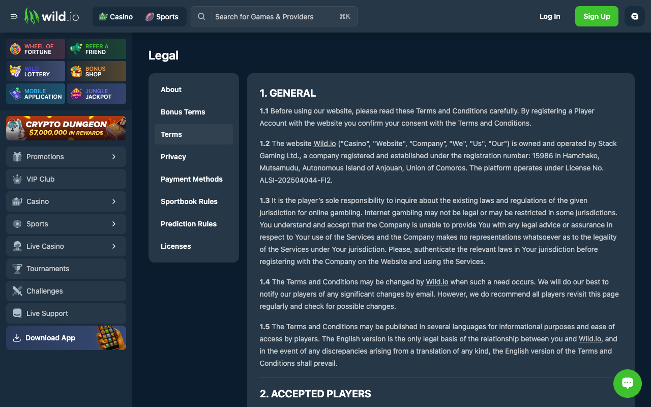 The Wild.io Terms and Conditions page, section 1 General, the source for the $100,000 seven-day and $200,000 thirty-day caps quoted in this article