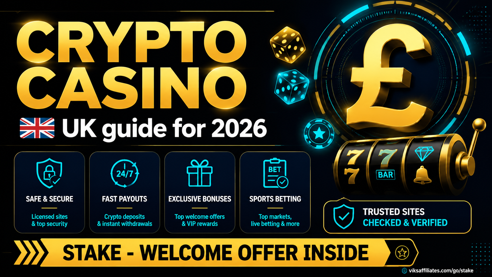 Crypto casino UK guide hero image showing Bitcoin and casino chips