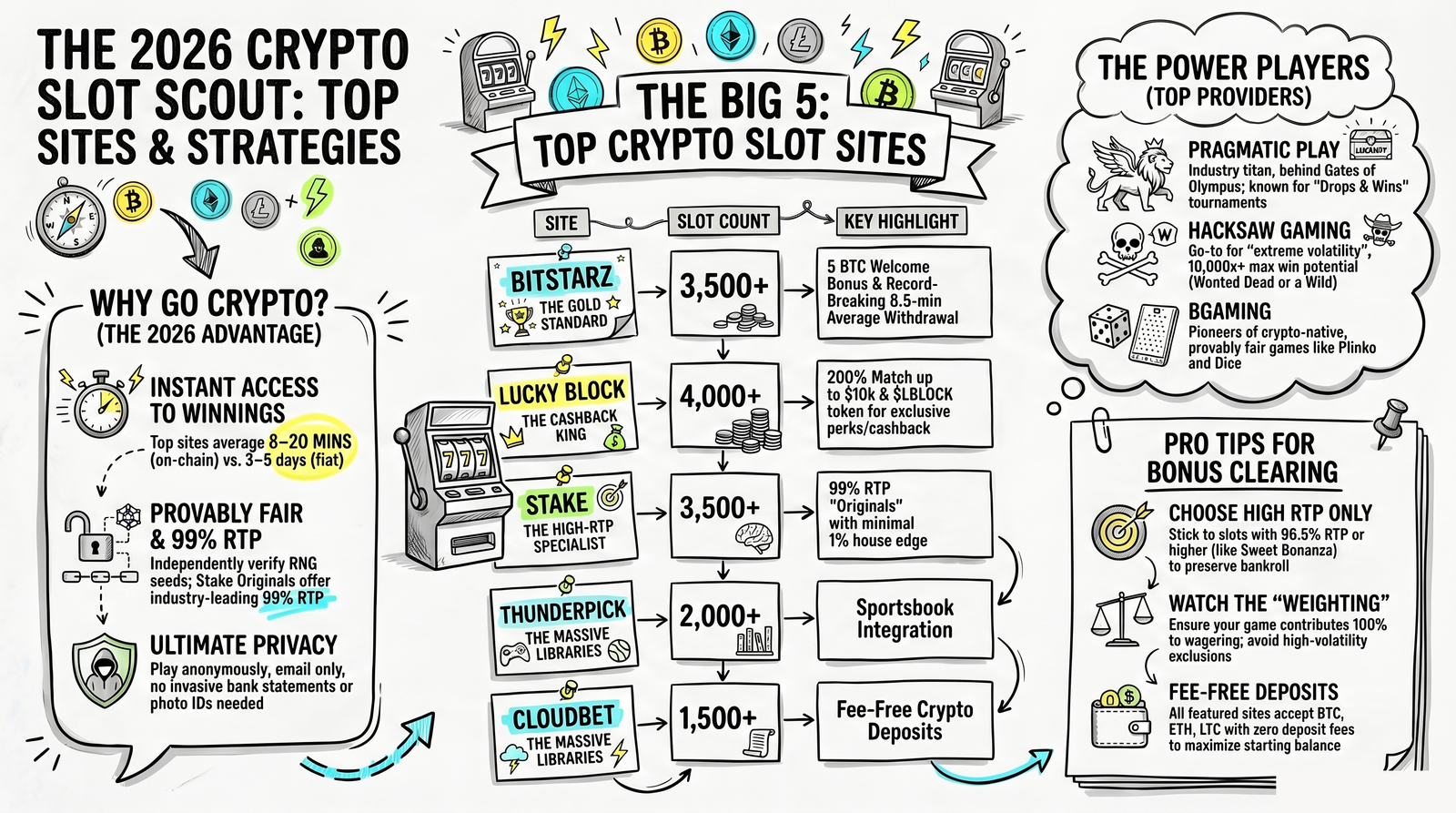 Top 5 crypto slot sites 2026 at a glance sketch-note infographic — BitStarz, Stake, Lucky Block, Thunderpick, Cloudbet ranked with slot counts and welcome bonuses