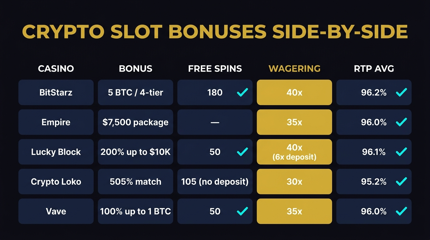 Crypto slot bonuses side-by-side — BitStarz, Empire, Lucky Block, Crypto Loko, Vave with welcome bonus, free spins, wagering, and RTP