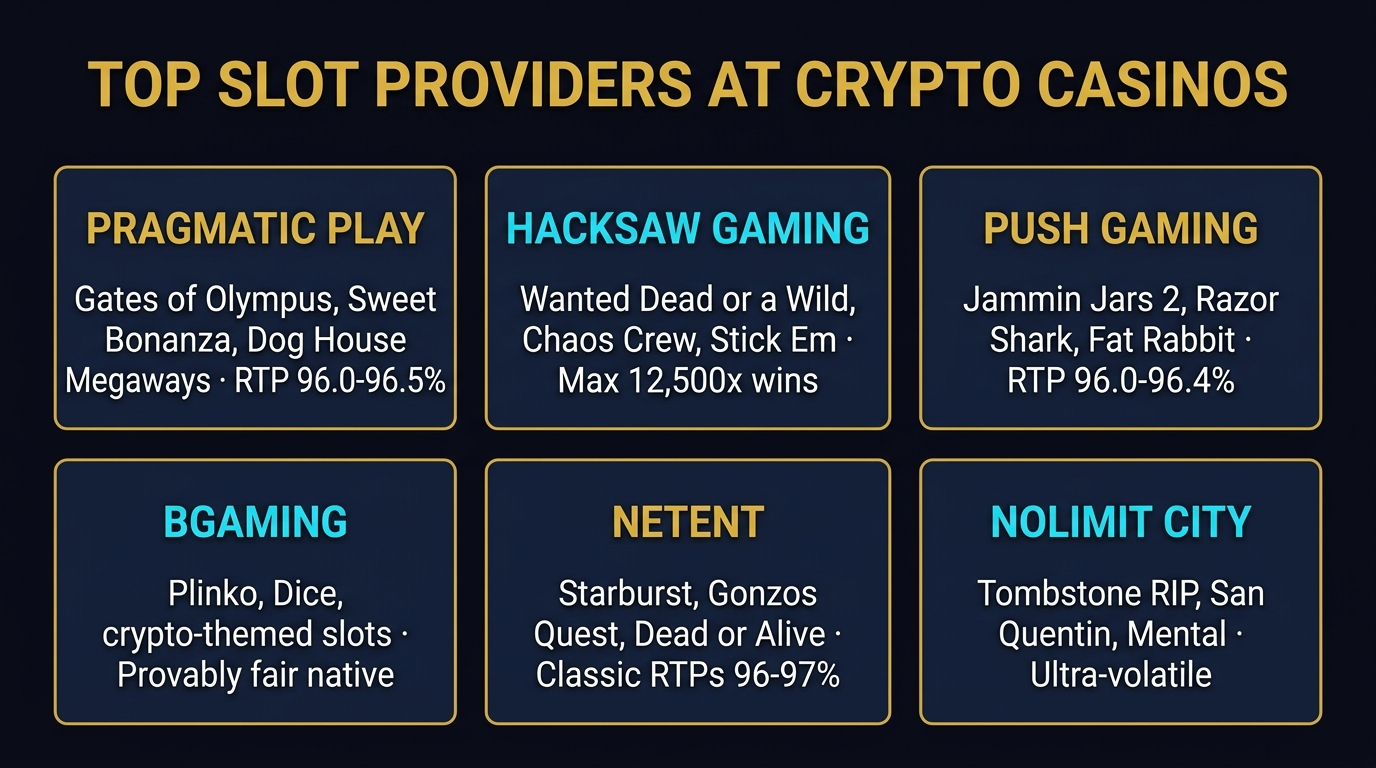 Top slot providers at crypto casinos — Pragmatic Play, Hacksaw Gaming, Push Gaming, BGaming, NetEnt, Nolimit City with RTP ranges and flagship games
