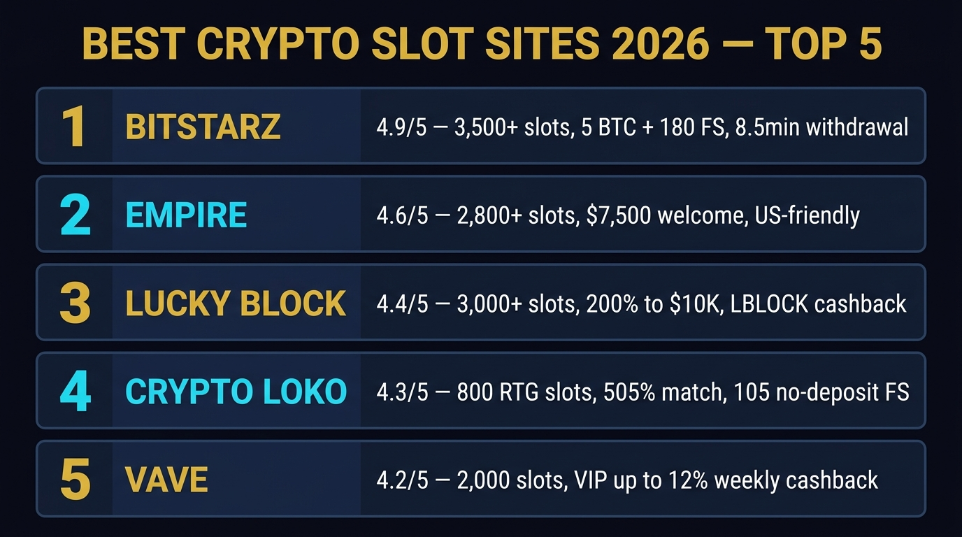 Best crypto slot sites 2026 — top 5 ranked BitStarz, Empire, Lucky Block, Crypto Loko, Vave with ratings and welcome bonuses