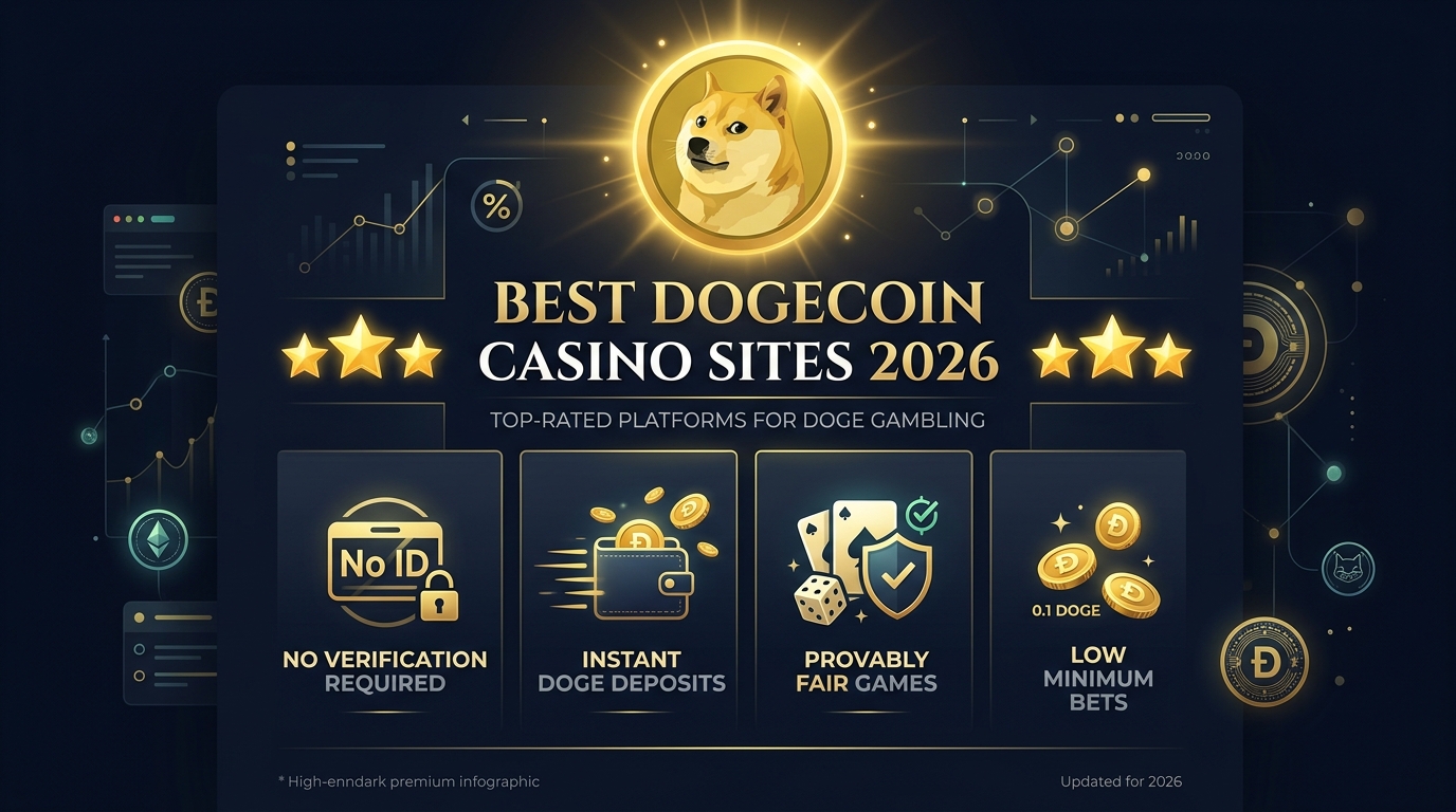 Best Dogecoin casino sites 2026 infographic with DOGE logo and top-rated casinos