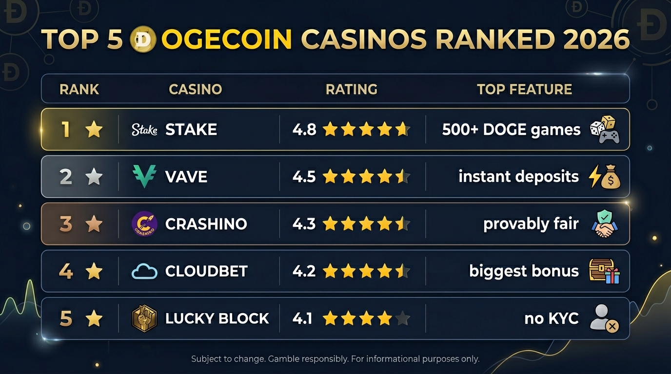 Top 5 Dogecoin casinos ranked for 2026 with ratings and key features