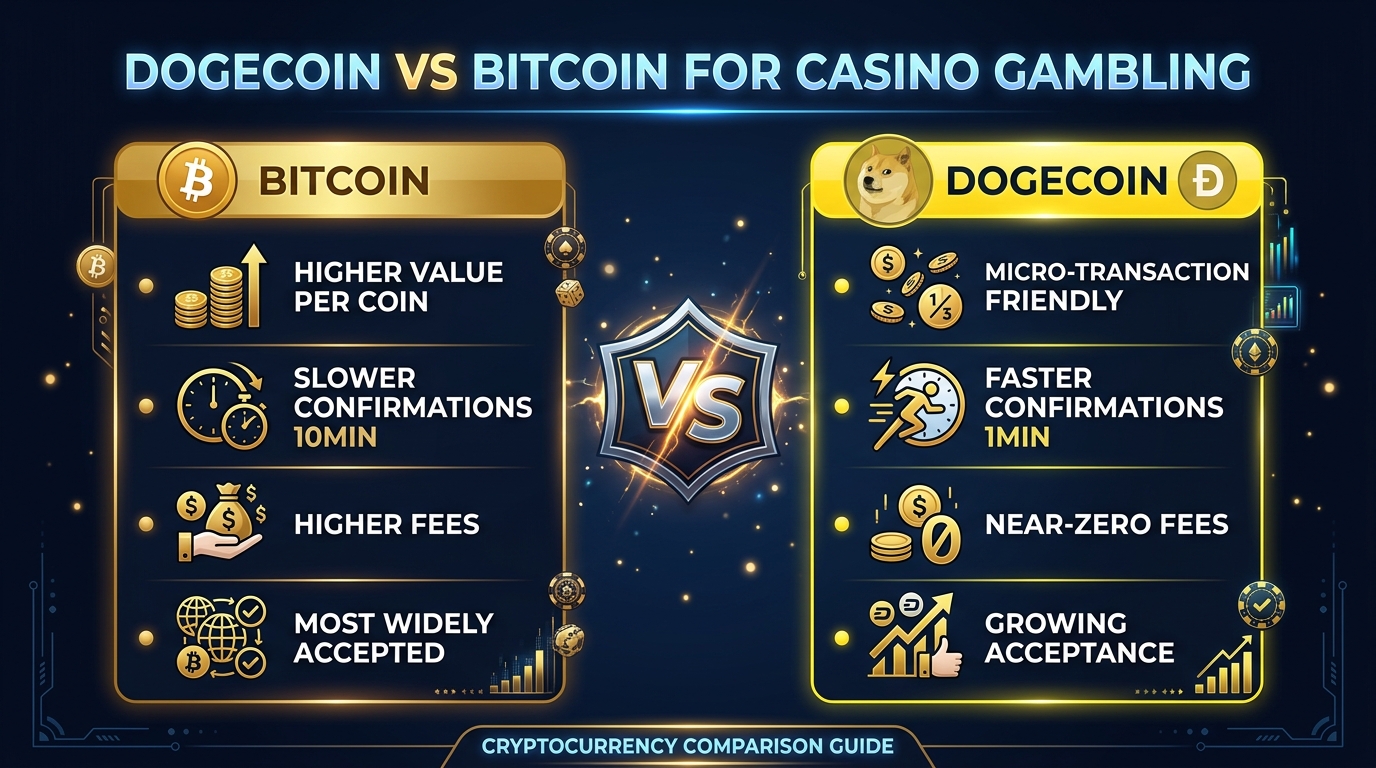 Dogecoin vs Bitcoin comparison for casino gambling — fees, speed, and acceptance