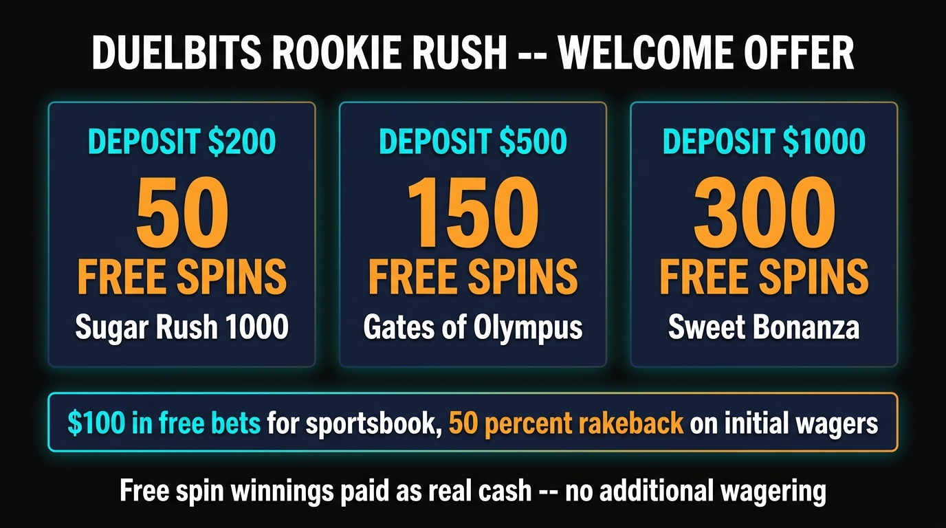 Duelbits Rookie Rush welcome bonus breakdown — up to 500 free spins across three deposit tiers, 100 dollar sports free bets with 5x playthrough, 50 percent initial rakeback paid as real cash