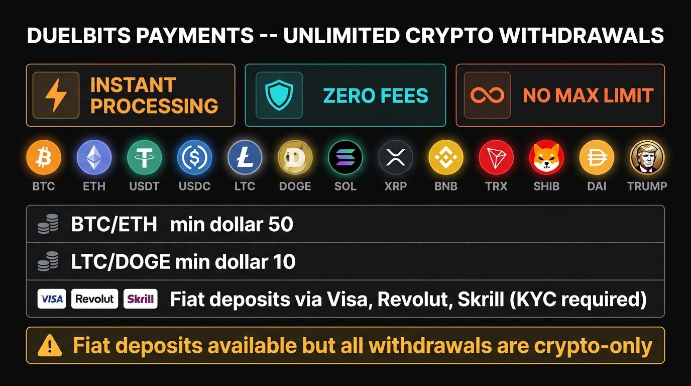 Duelbits payments and withdrawals overview — 13 cryptocurrencies supported, near-instant withdrawals, zero platform fees, unlimited withdrawal cap, minimum 50 dollars BTC and ETH or 10 dollars for altcoins
