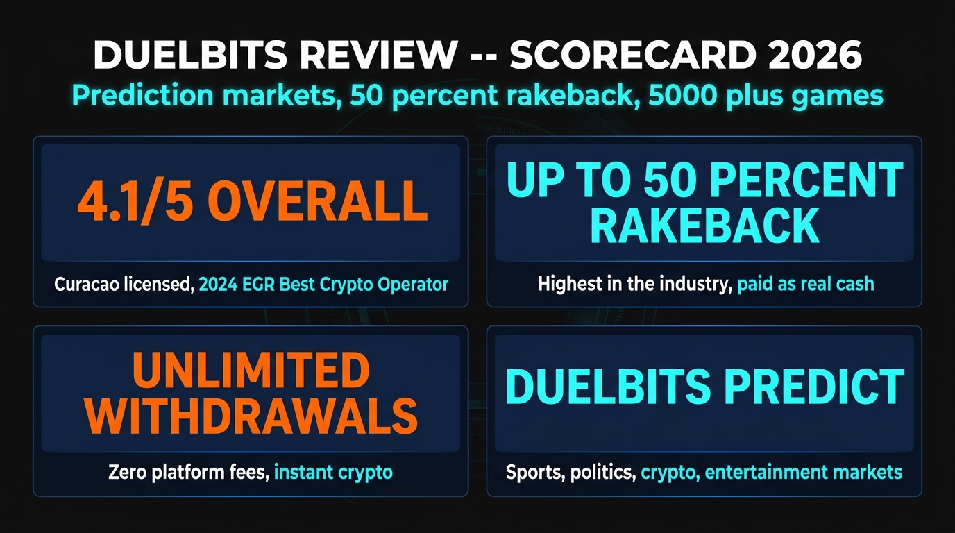 Duelbits Review 2026 scorecard — 4.1 out of 5 rating, integrated prediction markets, up to 50 percent rakeback, 5000 plus games, 12 provably fair originals, unlimited withdrawals with zero fees