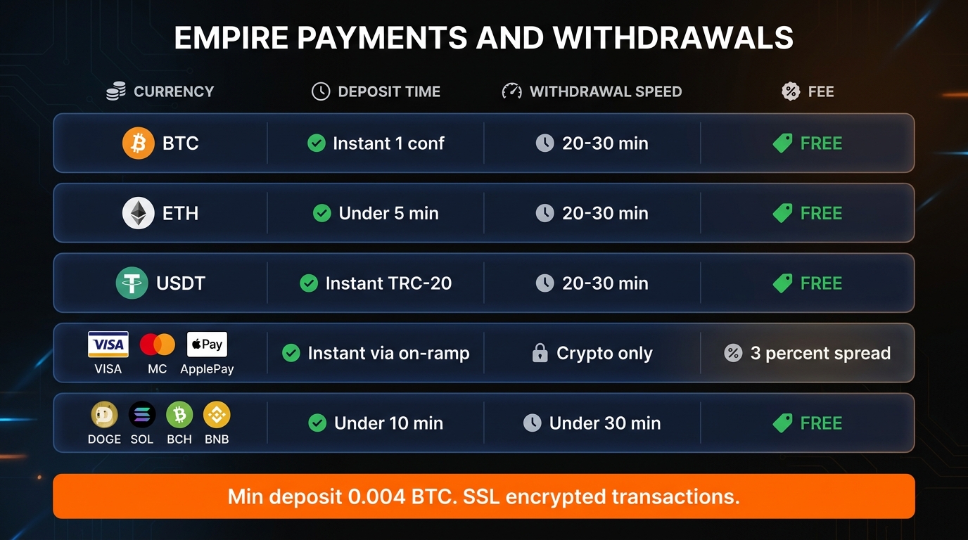 Empire payments — BTC ETH USDT SOL DOGE fee-free 20-30 min withdrawals, VISA Mastercard Apple Pay via on-ramp