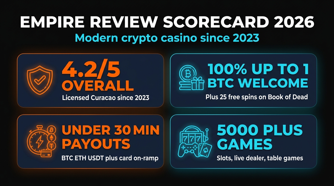 Empire.io Review 2026 scorecard — 4.2 out of 5 rating, 1 BTC welcome, 5000 plus games, under 30 min withdrawals