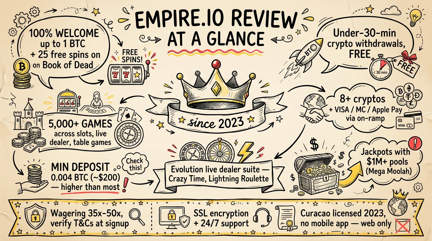 Empire.io at a glance sketch-note infographic — 1 BTC welcome, 5000 plus games, under 30 min withdrawals, Evolution live dealer, Curacao licensed 2023
