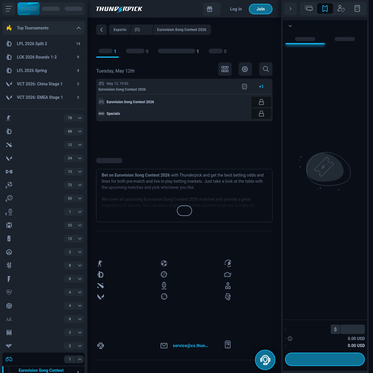 Thunderpick Eurovision Song Contest 2026 betting page showing outright winner, semi-final, and qualification markets