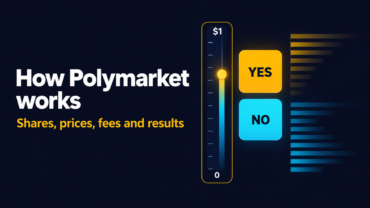 Dark navy illustration with the white heading How Polymarket works and the gold subheading Shares, prices, fees and results, beside a vertical price scale running from 0 at the bottom to $1 at the top with a glowing gold marker about two thirds of the way up, a gold YES tile above a cyan NO tile, and faint gold and cyan order-book bars