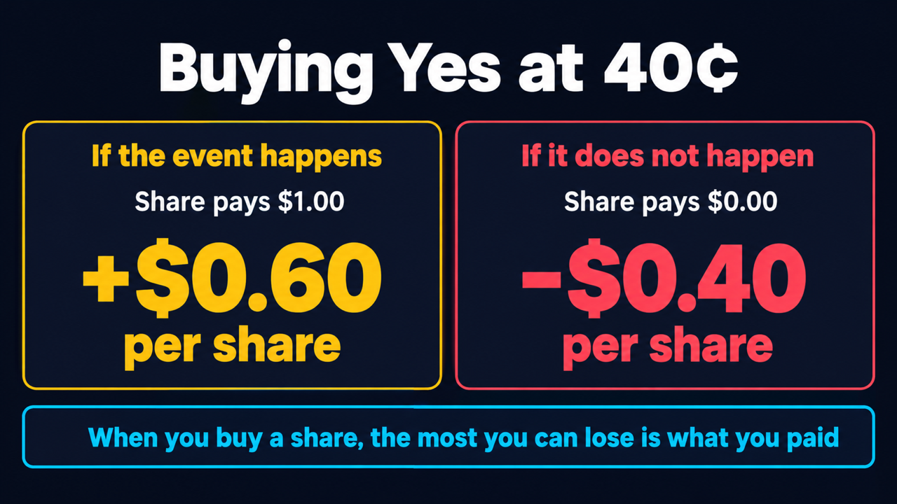 Infographic titled Buying Yes at 40¢: a gold card reads If the event happens, Share pays $1.00, +$0.60 per share; a red card reads If it does not happen, Share pays $0.00, -$0.40 per share; a banner below reads When you buy a share, the most you can lose is what you paid