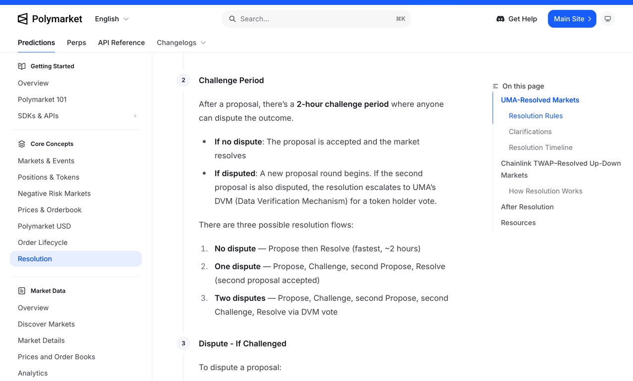 Screenshot of Polymarket's resolution documentation showing the Challenge Period step, which reads that after a proposal there is a 2-hour challenge period where anyone can dispute the outcome, that if there is no dispute the proposal is accepted and the market resolves, that if disputed a new proposal round begins and a second dispute escalates to UMA's DVM for a token holder vote, and listing the three resolution flows: no dispute at about 2 hours, one dispute, and two disputes resolved via DVM vote