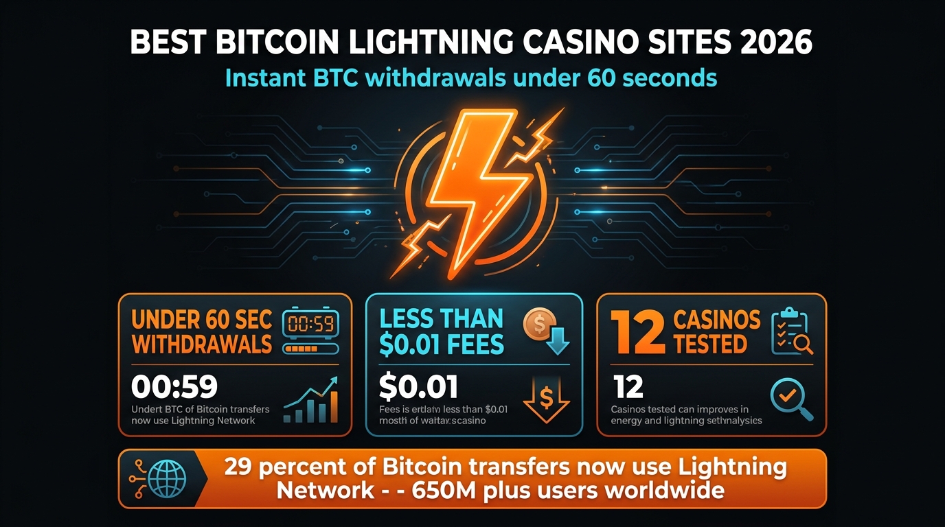 Best Bitcoin Lightning Casino Sites 2026 — 12 casinos tested for Lightning BTC deposits and withdrawals, featuring BetPanda (47-sec payout), Betplay (zero fees), and Cloudbet (est. 2013), with speed benchmarks and fee comparisons