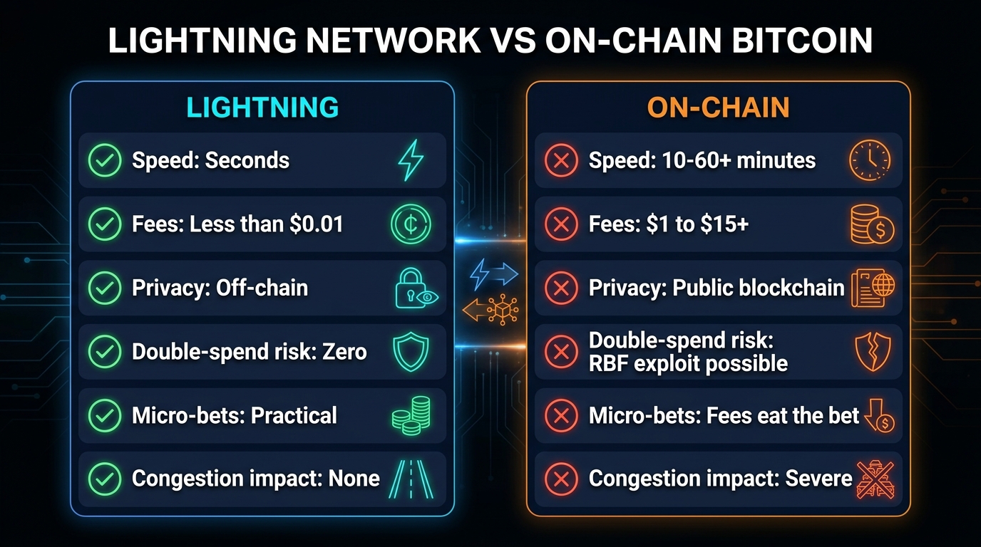 Lightning Network vs on-chain BTC comparison for casino gambling — Lightning: 1-5 sec deposits, under $0.01 fees, 99.2% success rate; On-chain: 10-60 min deposits, $1-15 fees, better for transfers over $5,000