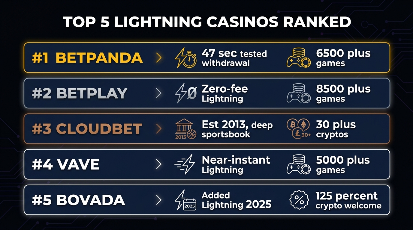 Top 12 Bitcoin Lightning casinos ranked — BetPanda #1 (47-sec withdrawal, 6,500+ games), Betplay #2 (zero fees, 8,500+ games), Cloudbet #3 (12-year track record, 5 BTC bonus), Vave #4, Bovada #5 for US players
