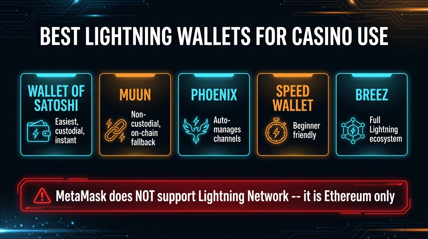 Best Lightning wallets for casino gambling — Wallet of Satoshi (custodial, easiest for beginners), Muun (non-custodial, on-chain fallback), Phoenix (non-custodial, auto channel management), Speed Wallet, and Breez (privacy-focused)