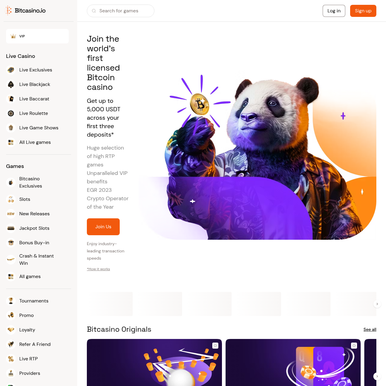 Bitcasino lobby interface showing the casino homepage with Lightning BTC deposit support, 5,000 plus games, live dealer section, and the 100 percent up to 1,500 USDT welcome bonus