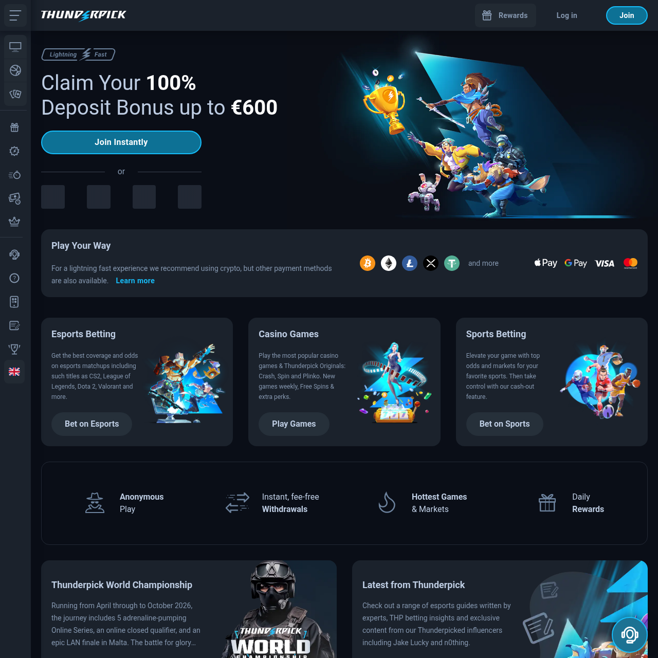 Thunderpick casino and esports betting lobby showing the platform interface with on-chain BTC deposits only, no Lightning Network option available for Bitcoin transactions