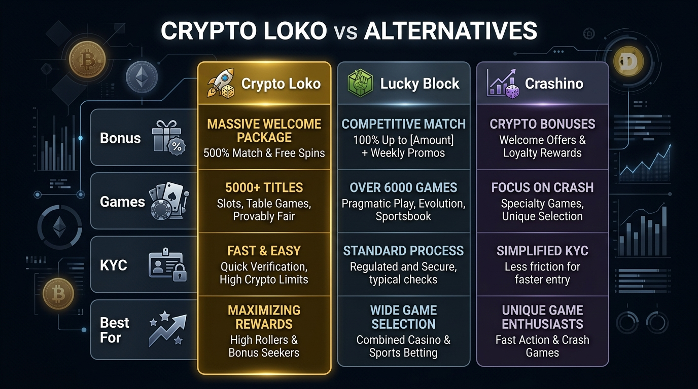 Crypto Loko alternatives comparison infographic — Lucky Block, Crashino side by side