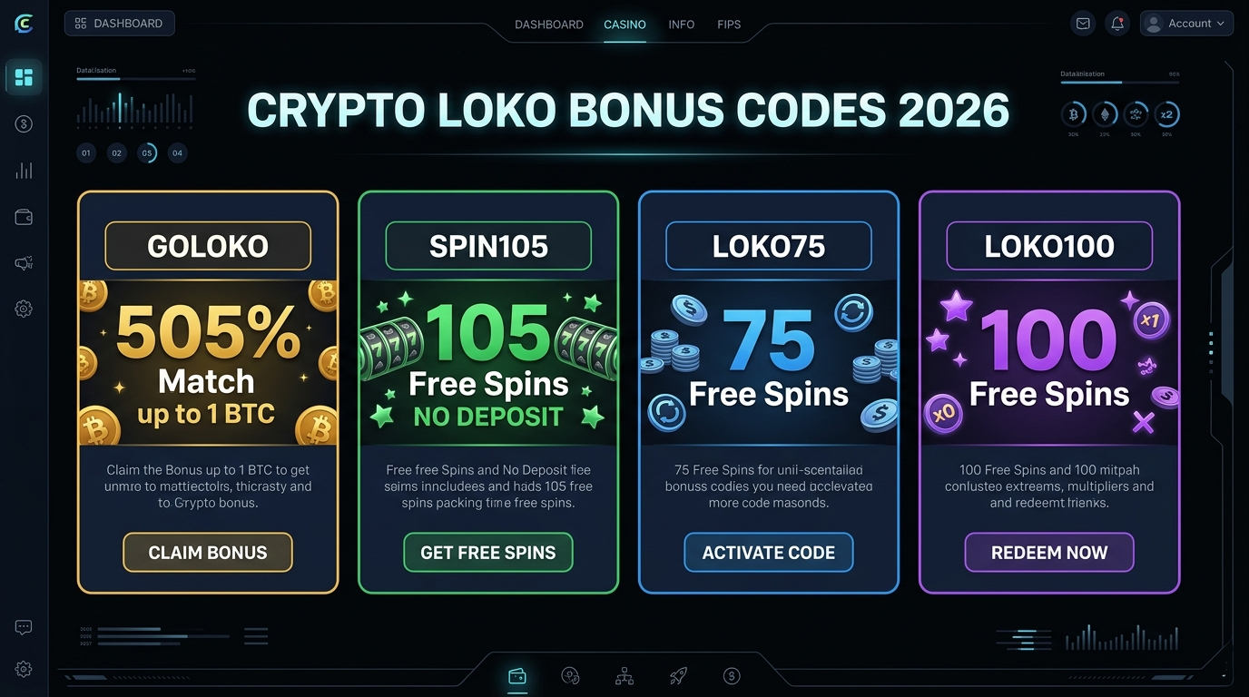 Crypto Loko bonus codes breakdown infographic — GOLOKO 505% match, SPIN105 105 free spins, wagering requirements