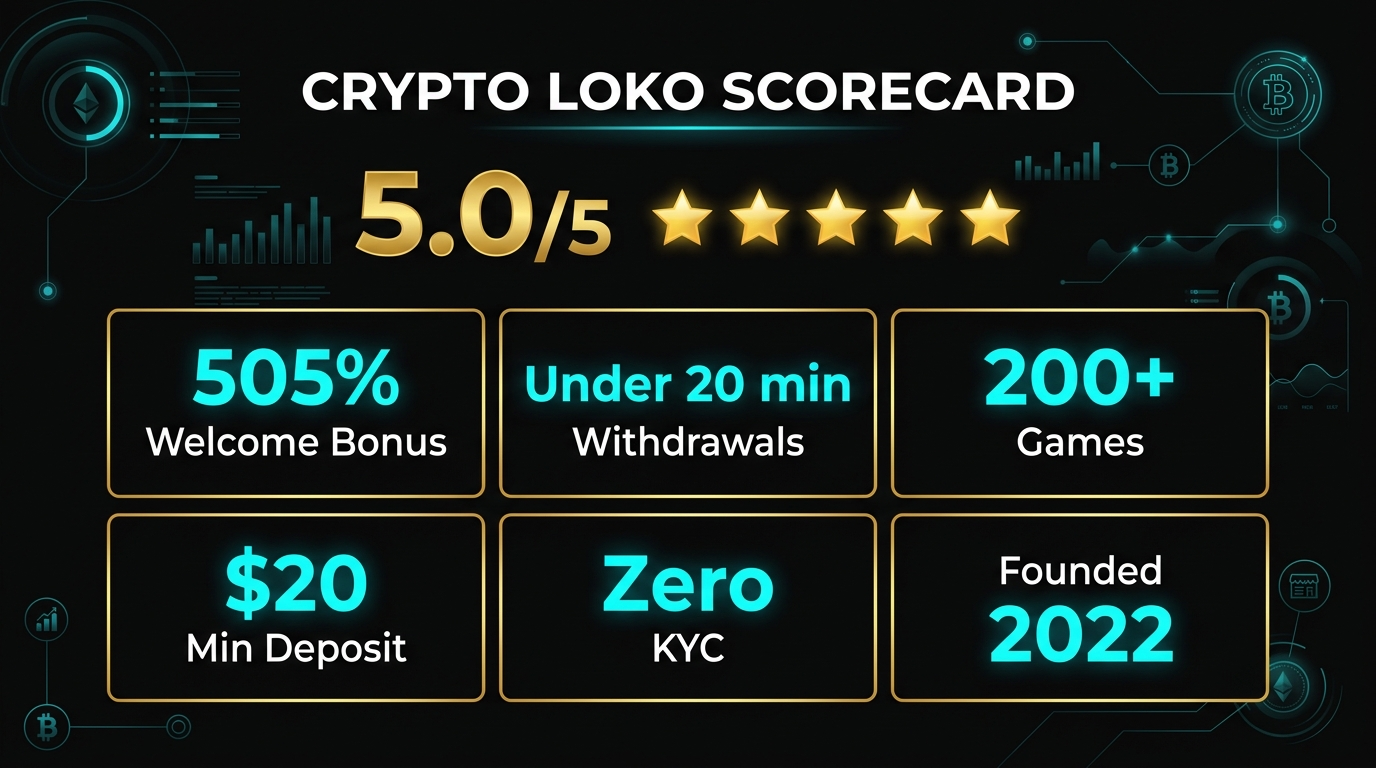 Crypto Loko scorecard infographic — rating 5.0/5, withdrawal speed under 20 minutes, no KYC, 200+ games