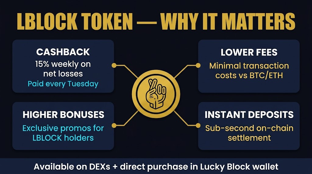LBLOCK token benefits — 15% weekly cashback, lower fees, exclusive bonuses, faster VIP progression