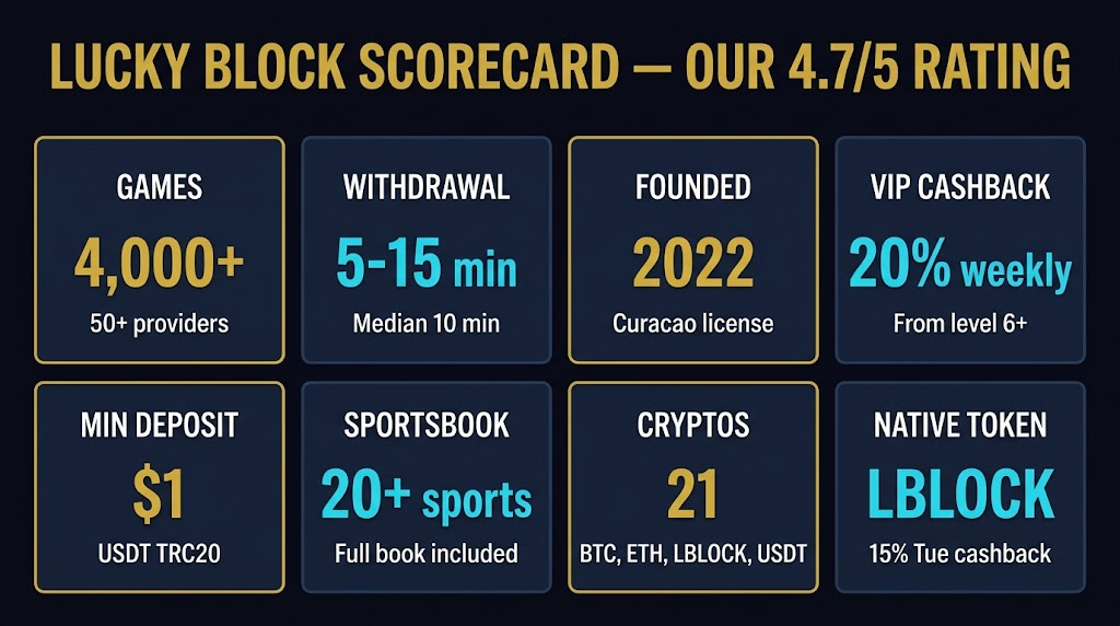 Lucky Block Casino Review 2026 — 200% up to $10,000 bonus, 4,000+ games, LBLOCK token 15% weekly cashback