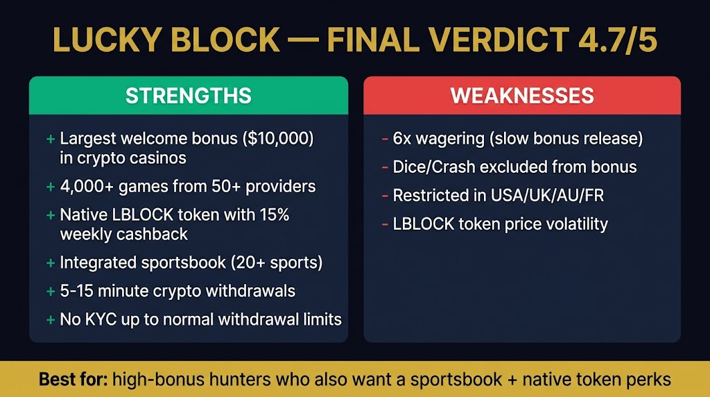 Lucky Block final verdict 4.7/5 — strengths include largest welcome bonus and LBLOCK cashback, weaknesses include slow wagering release and USA block