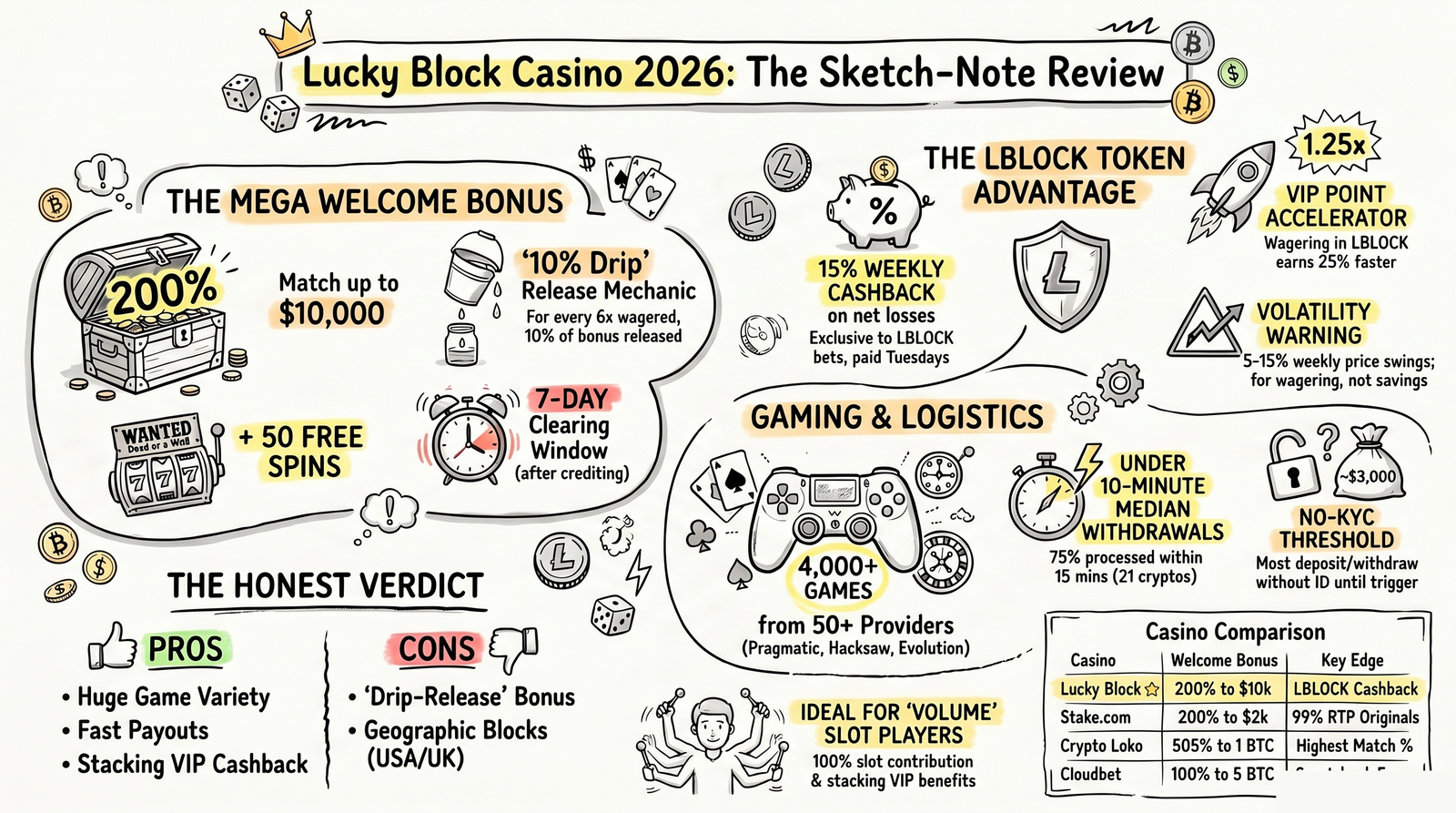 Lucky Block at a glance sketch-note infographic — 200 percent up to 10000 dollar welcome, 4000 plus games, LBLOCK token 15 percent cashback, under 15 min withdrawals