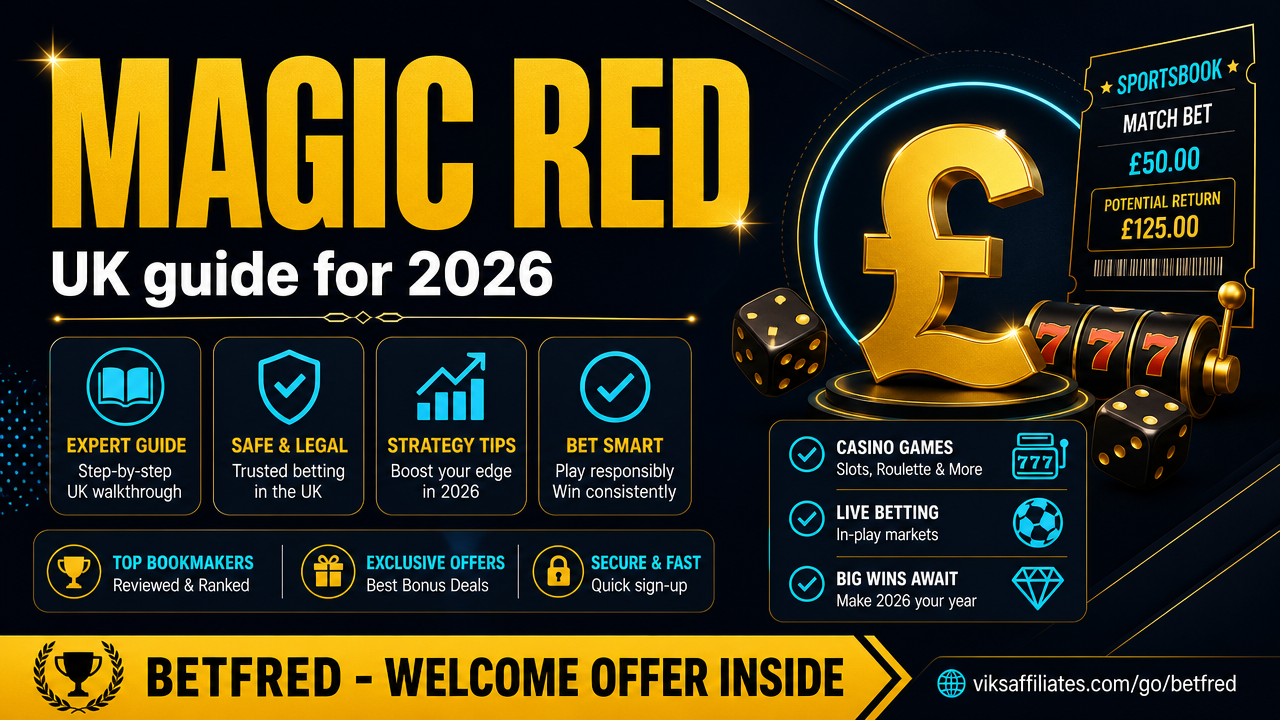 Magic Red Casino UK review 2026 — homepage screenshot and bonus details