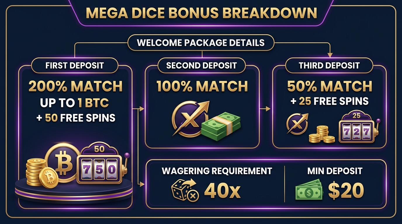 Mega Dice Casino welcome bonus breakdown — multi-deposit package with match percentages