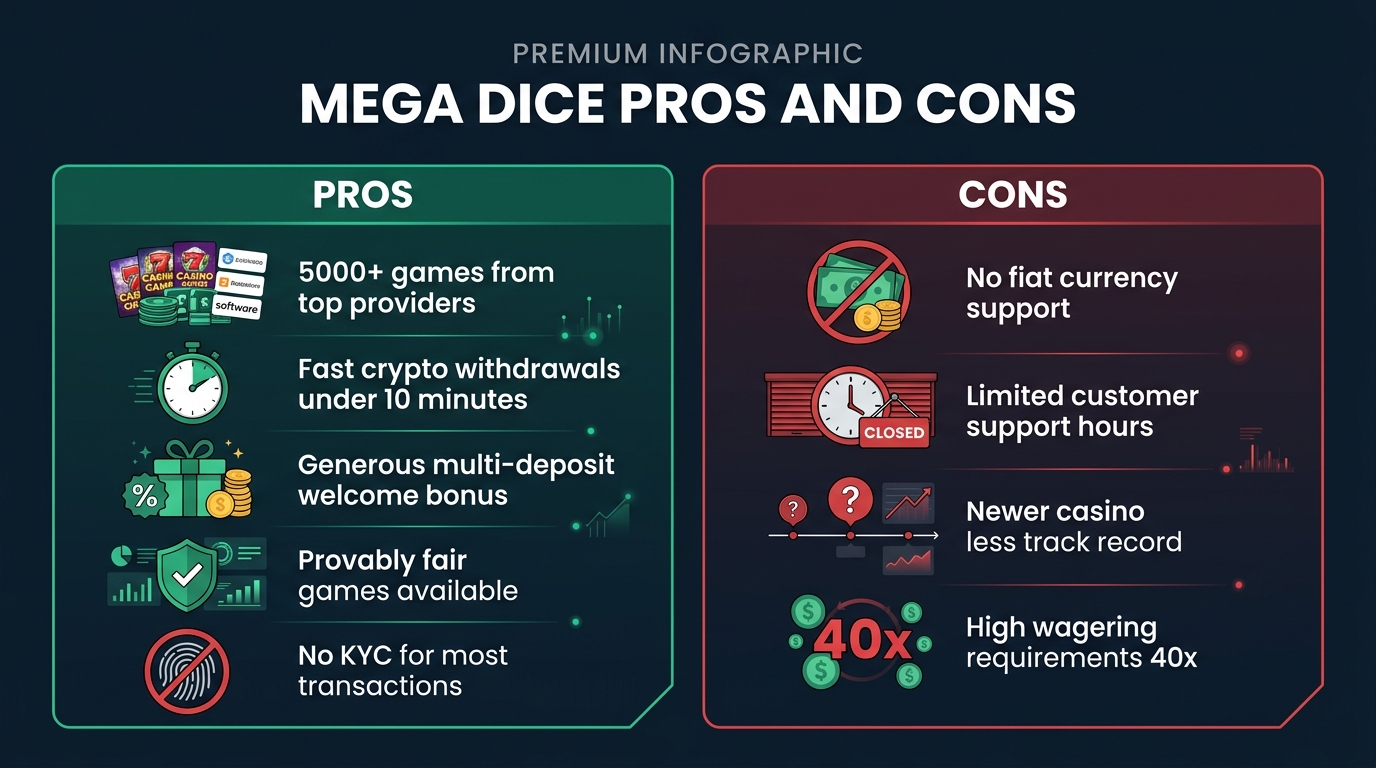 Mega Dice pros and cons infographic — game variety, fast payouts vs high wagering, no fiat