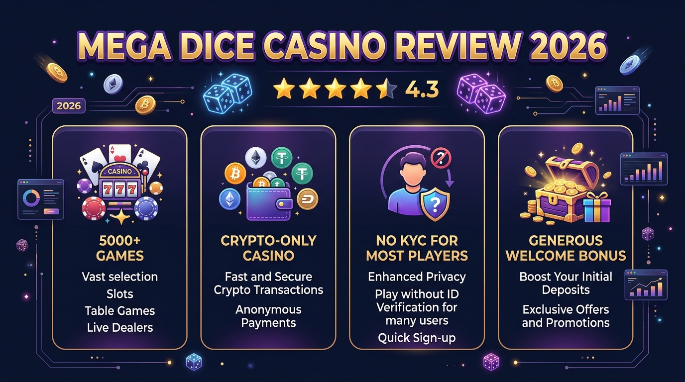 Mega Dice Casino review 2026 infographic with rating and key features