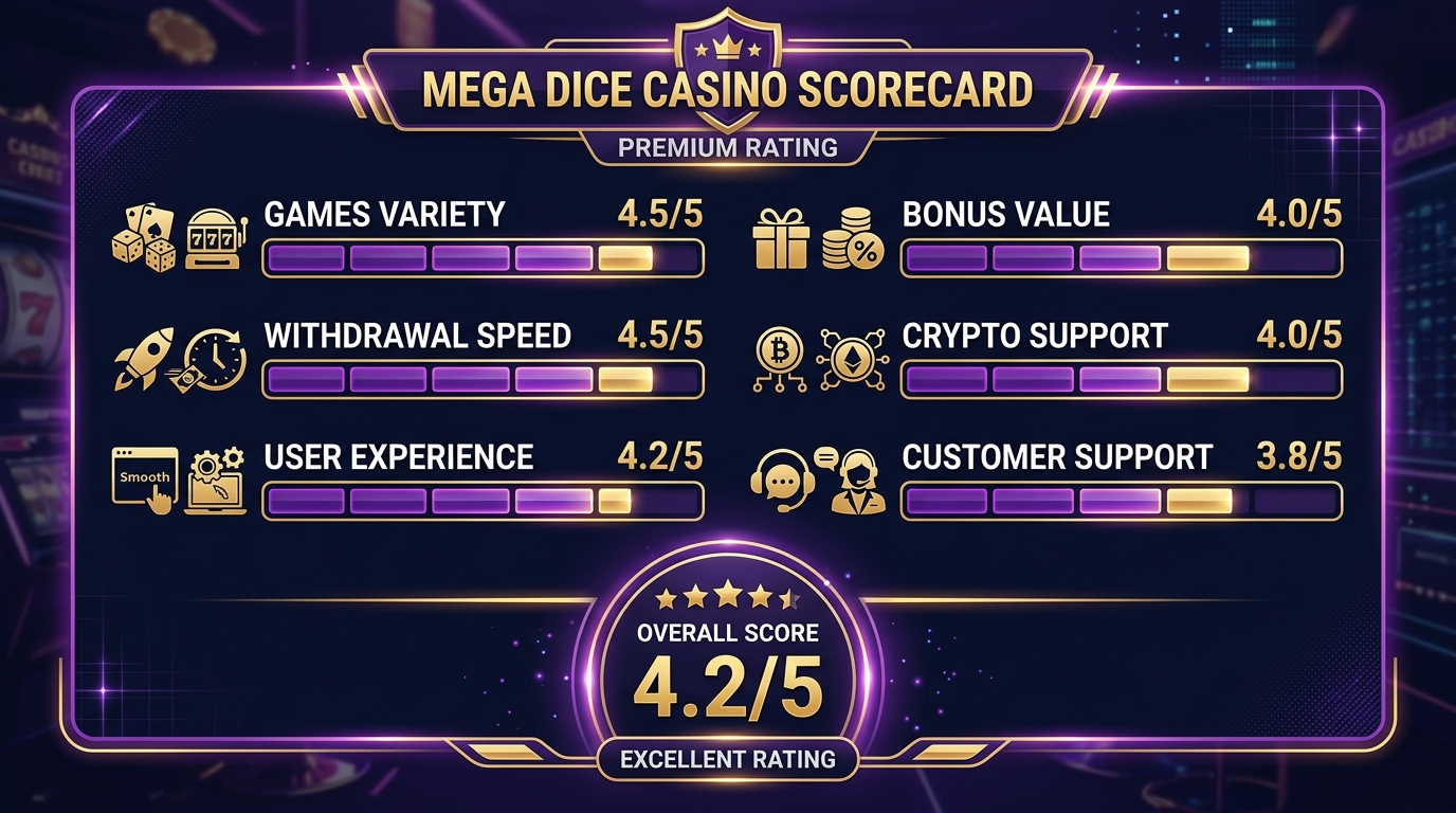 Mega Dice Casino scorecard — ratings for games, bonus, withdrawals, crypto, UX, and support
