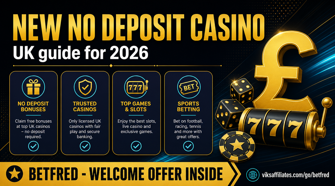 New no deposit casino UK 2026 guide hero image showing free spins and bonus offers