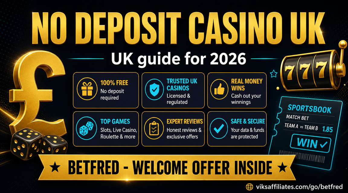 No deposit casino UK bonus guide hero image with free spins and chips