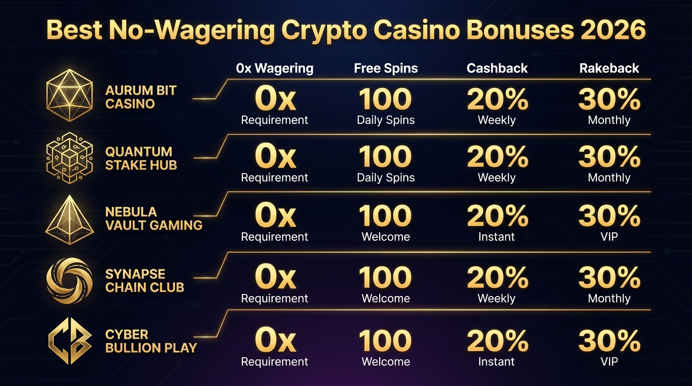 Best no-wagering crypto casino bonuses 2026 — top 5 ranked Jackbit, Roobet, Duelbits, Wild.io, BitStarz with ratings and bonus types