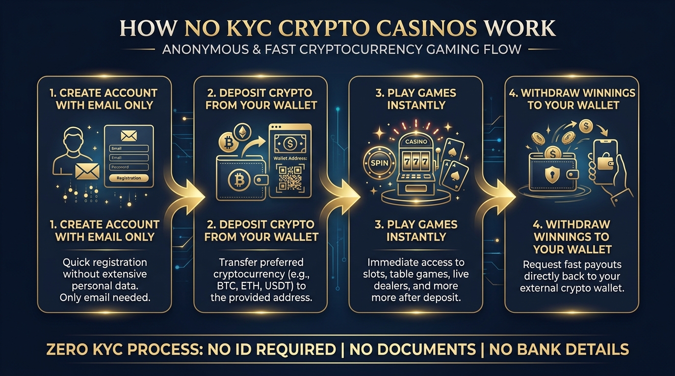 How no KYC crypto casinos work — step by step flow diagram